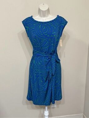 DressBarn Women’s Blue & Green Striped Cap Short Sleeve Boat Neck Short Dress 8